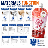 Op maat gemaakte voedselveilige drankenverpakking van yoghurt, gelei, fruitdrank, in een hersluitbare stand-up pouch met uitgiettuit van plastic.