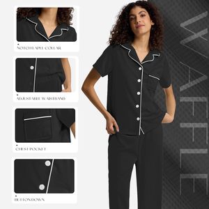 Women's Capri Pajamas Two Piece Pj Set Button Down Short Sleeve Waffle Knit Sleepwear Loungewear <b>Pyjamas</b> Black Loungewears Women - Product Image 2