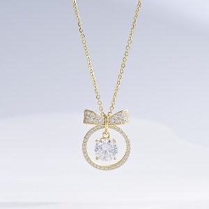 OEM plata 925 sterling silver Women Everyday Wear <b>necklace</b> fashion 18k Gold Plated Round Diamond Cute Bowknot Pendant <b>necklaces</b> - Product Image 1