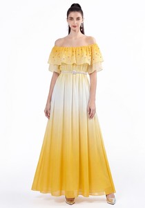 Robe longue élégante pour femme avec ceinture en perles, <span class=keywords><strong>deux</strong></span> modes de port, col à volants, strass et perles, imprimé dégradé de couleurs - Product Image 4