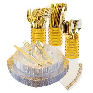 Platos Desechables Transparentes con Borde Dorado para Fiestas, Juego de 175 Piezas con Cubiertos, Servilletas y Vasos, Oferta - Product Image 1