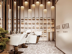 Service de design d'intérieur pour salon de coiffure et de beauté, présentoir multi-niveaux sur mesure et comptoir de présentation incurvé bio - Product Image 4