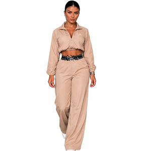 Conjunto Casual de Dos Piezas para Mujer, Top Corto de Manga Larga con Bolsillo, Pantalones de Color Sólido de Poliéster y Algodón, Atuendo para Uso Diario - Product Image 2