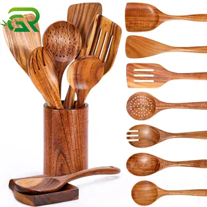 8pcs Set Acacia Wood Salad Fork Spatula Rice Shovel Soup Spoon Long Handle Cooking Kitchen Utensils Set With Holder