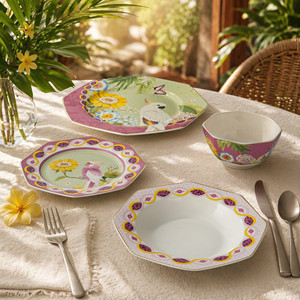 Juego de Vajilla de Porcelana con Diseño de Loros Tropicales Rosados, 24 Piezas, Octagonal, con Borde Dorado, Portátil y Reutilizable, OEM ODM - Product Image 1