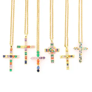 New Copper Inlaid Mixed Color Zircon Cross Pendant Necklace Women Charm Fashion Gold Stainless Steel Chain Necklace Jewelry Gift