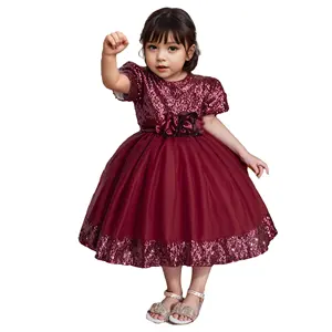 ठोस रंग नवीनतम फूल सेक्विन वाले बच्चे 1 साल की जन्मदिन पार्टी ड्रेस बेबी गर्ल फ्रॉक