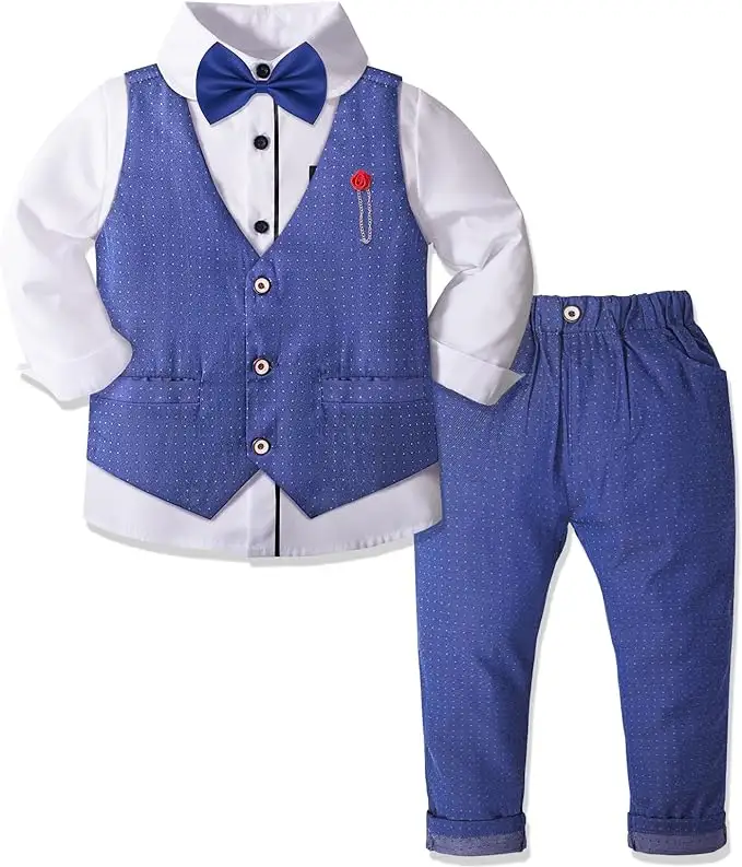 Toptan erkek takım elbise seti resmi elbise gömlek ile papyon, ince yelek ve pantolon yürümeye başlayan çocuk giysileri takım elbise