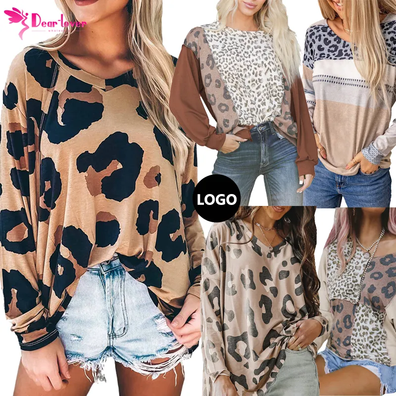 Dear-Lover Private Label 2023 New Arrivals Knitted Ladies Blouse Leopard Print V Neck Long Sleeve Women Tops