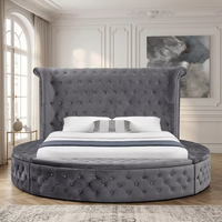Lit rond Willsoon sur mesure, capitonné en velours, taille King, avec tête de lit en tissu à volants, cadre de lit en bois doux avec rangement
