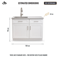 Meuble de cuisine blanc avec évier, plan de travail en pierre, portes Shaker, tiroirs et rangements