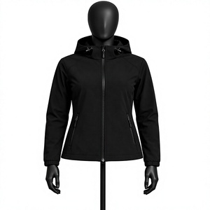 Chaqueta softshell negra con capucha para mujer, resistente al agua, con cierre, para senderismo, otoño - Product Image 1