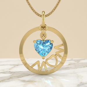 Collier en or avec pendentif cercle classique en forme de cœur, topaze bleue et inscription « Maman », bijou fin et charmant - Product Image 1
