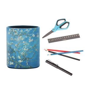 Digitally printed pattern PU leather pen <b>holder</b>, Instagram-worthy desktop organizer for <b>makeup</b> brushes, round pen box storage - Product Image 3