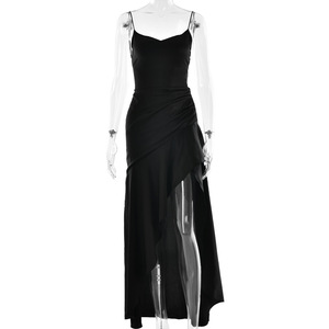 Elegante Vestido Maxi de Satén con Cuello Halter, Abertura Alta, Volantes y Cintura Natural para Noche - Product Image 5