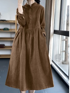 Abito lungo da <span class=keywords><strong>donna</strong></span> in velluto a coste spesso, stile <span class=keywords><strong>retrò</strong></span>, tinta unita, casual, ampio, a maniche lunghe, con bottoni, alla moda per l'autunno 2026 - Product Image 1