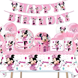 Assiettes et gobelets en papier jetables sur le thème de <span class=keywords><strong>Minnie</strong></span> rose, décoration de fête d'anniversaire pour fille, bannière, ballons, nappe, décoration de gâteau - Product Image 1