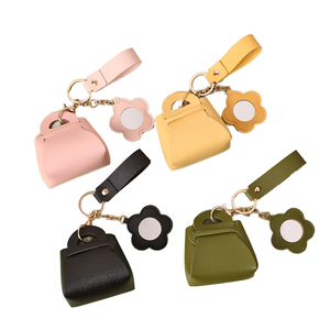 Creative Solid Color Keychain with Mini Mirror Small PU Leather Wallet and Light Alloy Pendant Convenient Small Storage Bag