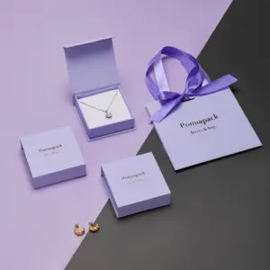 Caixa de papel para presente de papelão luxuosa por atacado, caixa de jóias para colar, embalagem com logotipo personalizado magnético roxo, caixa de presente para jóias