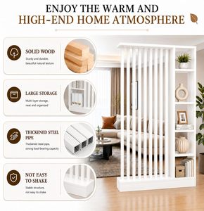 SENYU Modern <b>White</b> Room Divider with Storage Shelf <b>Bookcase</b> Partition Vertical Slats Screen for Living Room - Product Image 4