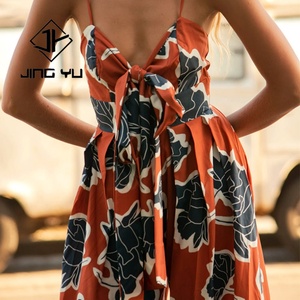High Quality 100% Rayon Digital Printed Hawaiian Style Jumpsuit Custom Chest Bow <b>Suspender</b> Jumpsuit for Women - Product Image 4