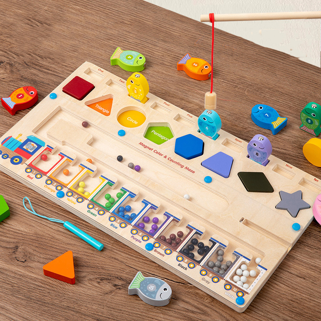 3 in 1 Kids Magnetic Fishing Board Early Educational Color Sorting Matching Game Wooden Toy