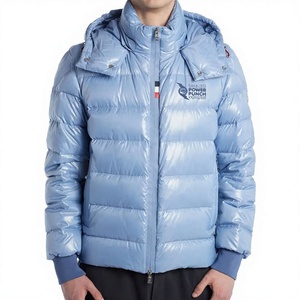 Power Punch Men's Light Blue Hooded Puffer Jacket Stand Collar Down Filled <b>Windproof</b> Winter Casual Coat - Product Image 1