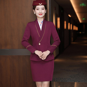 Woodcutter's Words Flight Attendant Uniform Women Long Sleeve Maroon Skirt Set Spring 2024 Stewardess Workwear - Product Image 3