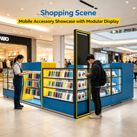 Kios Display Aksesoris Ponsel Modular Lengkap Warna Biru Kuning dengan Area Display Kaca Terbuka dan Panel High Gloss