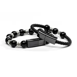 Hot Sell Portable Beads Leather Wristband Bracelet USB Charging Bracelet For Men & Women