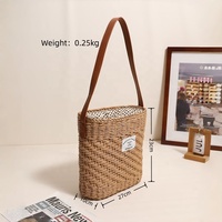 Sac seau en paille tressée mignon pour femme avec diamants et fermeture à cordon de perles, doublure en coton - Style frais pour les vacances à la plage