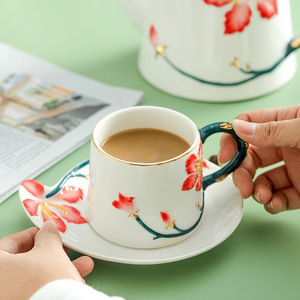 Elegante Juego de Taza y Platillo con Diseño de Flor de Cerezo Chino, Cerámica Europea para Té de la Tarde, Juego de Café Esmaltado Pintado a Mano - Product Image 4