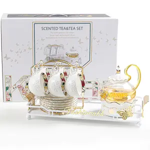 Nordic style light luxury 15pcs English coffee tea set flower teapot candles boiled fruit glass teapot cup set
