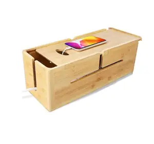 Wooden Cable Management Box with pull-out cover Bamboo Cord Organizer Box for Hiding Wires Power Strips Data Cables Sockets