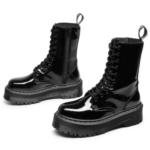 Black Patent Leather Ankle <b>Boots</b> Round Toe Lace-up Chunky Heel Anti-Slip Rubber Outsole All Seasons Style Wholesale - Product Image 5