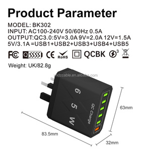 <span class=keywords><strong>Cargador</strong></span> Rápido de 65W y 6 Puertos QC3.0 con Luz Nocturna LED para Laptop, Cámara, Uso Industrial, Enchufe US/EU/UK - Product Image 3