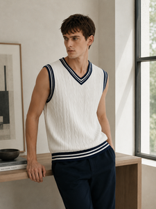 Gilet <span class=keywords><strong>pull</strong></span> <span class=keywords><strong>sans</strong></span> manches <span class=keywords><strong>en</strong></span> tricot jacquard rayé à col <span class=keywords><strong>en</strong></span> <span class=keywords><strong>V</strong></span> pour homme, <span class=keywords><strong>v</strong></span>êtement personnalisé - Product Image 3