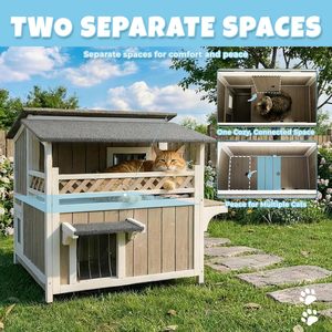 Maison <span class=keywords><strong>pour</strong></span> <span class=keywords><strong>chat</strong></span> en bois, intérieur/extérieur, résistante aux intempéries, à deux étages, fermée, multi-niveaux, avec toit en asphalte, toutes saisons - Product Image 2