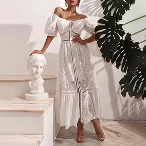 European and American style sexy hollow dress 2022 spring and summer new puff sleeves one word shoulder button high waist large