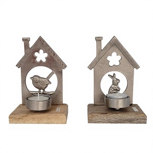 Décoration de table, porte-bougie unique en forme de maison avec motif d'oiseau et de lapin, décoration de table pour la maison, thème de Pâques et du printemps, 2 pièces - Product Image 1