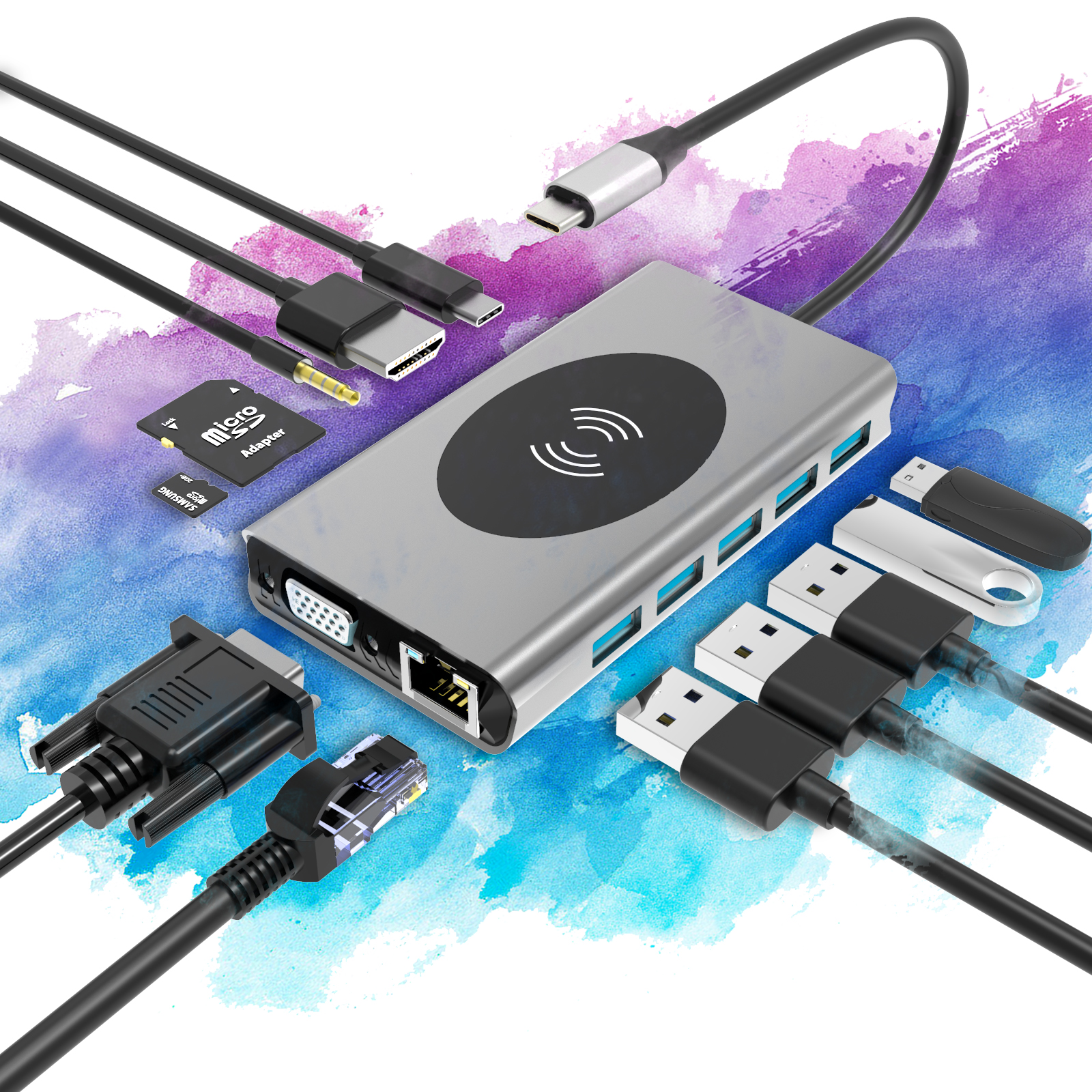 USB-концентратор BXSIX, алюминиевый, серый, Тип c, usb 3,0, Ethernet, VGA, usb-концентратор, кардридер, док-станция USB c