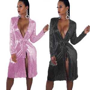 Vendita calda europea e americana con scollo a V scintillante in pizzo a manica lunga Sexy abito Modulare nappine 2020 - Product Image 5