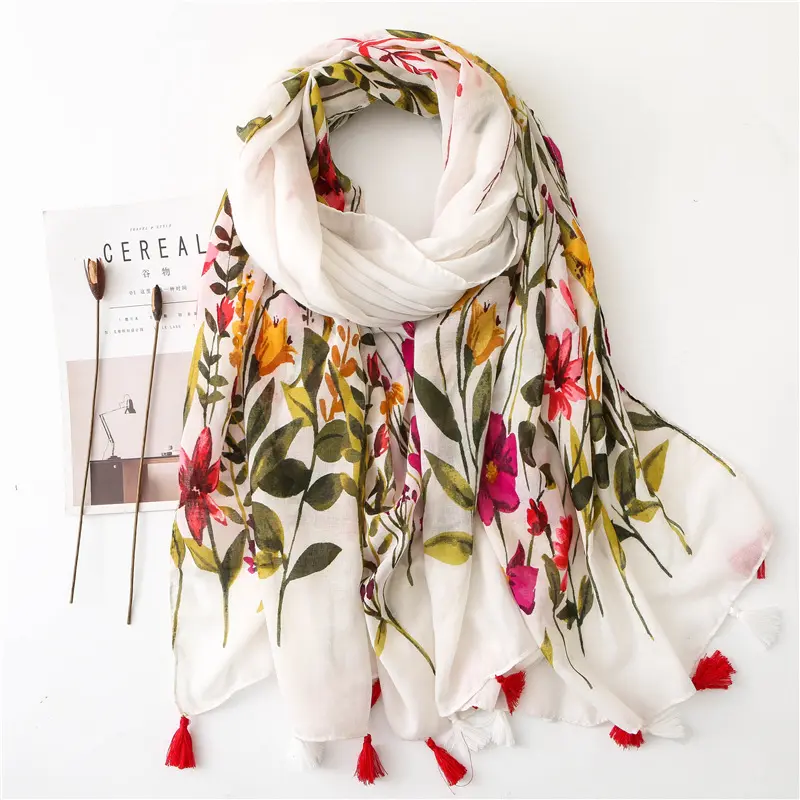 Wholesale 2020 hot sale tropical print scarf fashion cozy green leaf and red floral printed tassel cotton oversized scarf
