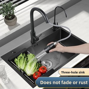 Évier de cuisine en acier inoxydable poli nano-noir, style chinois moderne, grand bac unique avec vidange, pour approvisionnement direct transfrontalier - Product Image 2