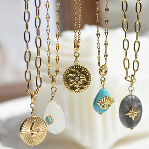 Collana con Ciondolo a Forma di Sole in Acciaio Inossidabile Staccabile, Fai-da-Te con Pietra Naturale, Diamante, Occhio del Diavolo, Alla Moda Placcata Oro - Product Image 1