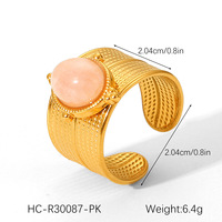 Bague ouverte en acier inoxydable plaqué or avec pierre naturelle, design chic français unique, à porter tous les jours