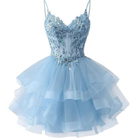 Robe de soirée rose en tulle à bretelles spaghetti, avec appliques en dentelle, courte, à volants étagés, pour bal de promo et fêtes, pour femme