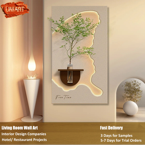 UNIART 3D LEDグロー木壁装飾砂岩レリーフ壁画彫刻ミニマリストホテル回廊グリーン植物花瓶ホールアート装飾 - Product Image 3