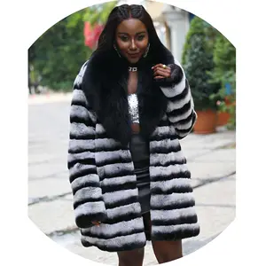 Fashion Warm Big Fox Fur Collar Women Chinchilla Rex Rabbit Fur Coat