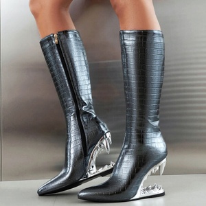 Women's Teeth Shape Heels Knee High Boots Ladies Animals Prints <b>Shoes</b> Wedge Heel Side Zipper Solid Long Booties - Product Image 3